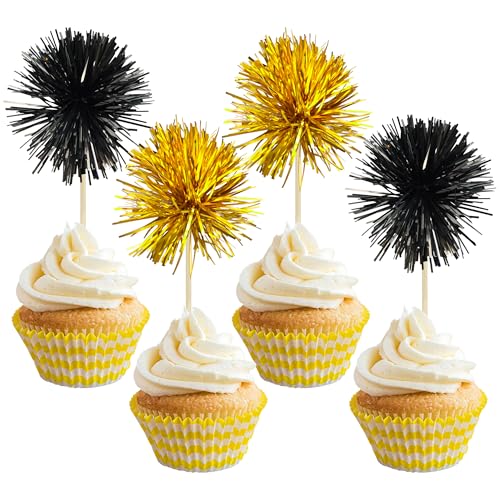 30Pcs Foil Firework Cupcake Toppers Sparkle Tinsel Cake Toppers Tinsel Drink Cake Decoration Cocktail Picks for Birthday Wedding Graduation Party Supplies Gold Black (30 Count)