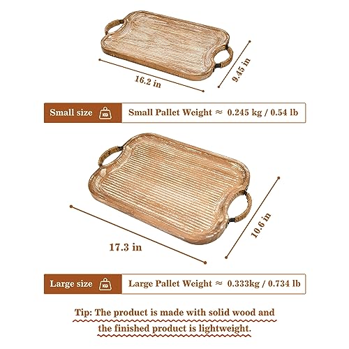 Rustic Wood Serving Tray with Metal Twine Handles Set of 2 Rectangular Decorative Trays Farmhouse Platter for Food (2 Count)