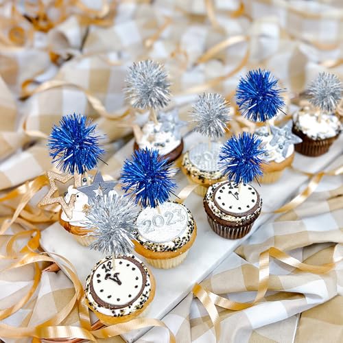 30Pcs Foil Firework Cupcake Toppers Sparkle Tinsel Cake Toppers Tinsel Drink Cake Decoration Cocktail Picks for Birthday Wedding Graduation Party Supplies Silver Dark Blue (30 Count)
