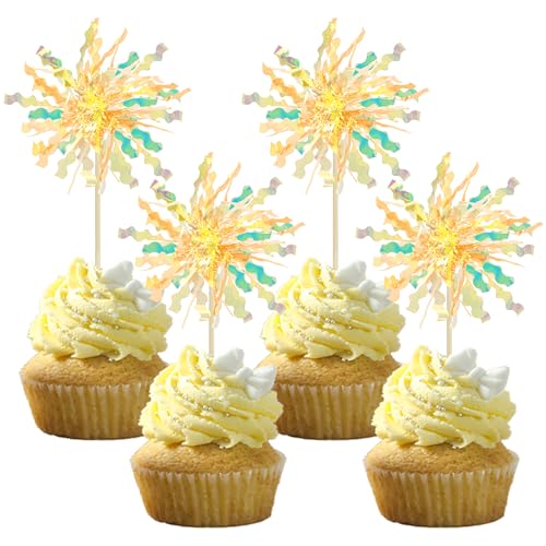 30Pcs Foil Firework Cupcake Toppers Happy Birthday Cake Toppers Tinsel Flower Drink Stirrers Cocktail Food Fruit Toothpicks for Valentine's Day Party Birthday Wedding Supplies Yellow (20 Count)