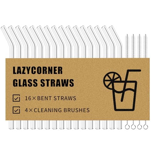 Reusable Glass Straws Set 16 Pcs 8.5''x 10MM Bent Clear Glass Drinking Straws (16 Count)