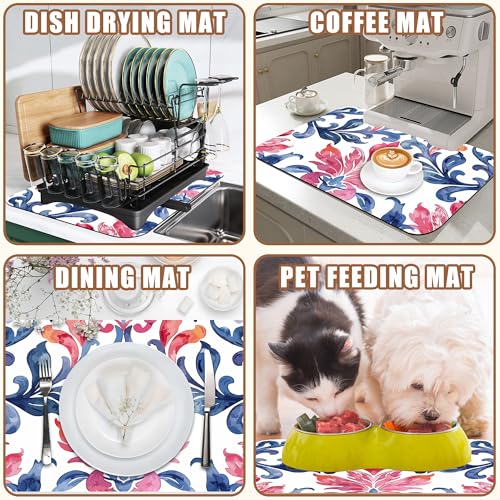 Blue and Pink Damask Coffee Mat Absorbent Dish Drying Mat for Kitchen Counter Hide Stain Coffee Bar Accessories with Rubber Backed Fit Under Espresso Machine Cafe Table