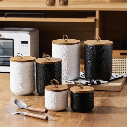 Black White Ceramic Coffee Canister Tea Canister with Seal Wood Lid (3 Count)