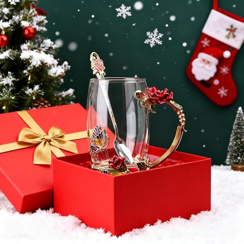 Handicraft Crystal Glass 3D Flower Cups Tea Mug With Tea Spoon Women Coffee