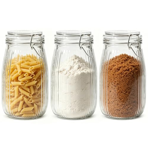 Ribbed Glass Jars with Airtight Lids 51oz 3 Pack Wide Mouth Bulk (3 Count)