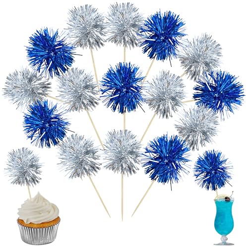 30Pcs Foil Firework Cupcake Toppers Party Birthday Cake Toppers Supplies Sparkle Tinsel Cocktail Fruit Toothpick for Birthday Wedding Graduation Party Supplies Dark Blue Silver (30 Count)