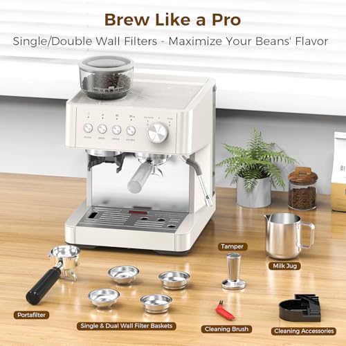 2026 Upgrade) 15 Bar Espresso Machine with Grinder & Milk Frother Steam Wand, 58mm Commercial Espresso Maker for Home,Coffee Maker with Grinder Perfect for latte,Cappuccino