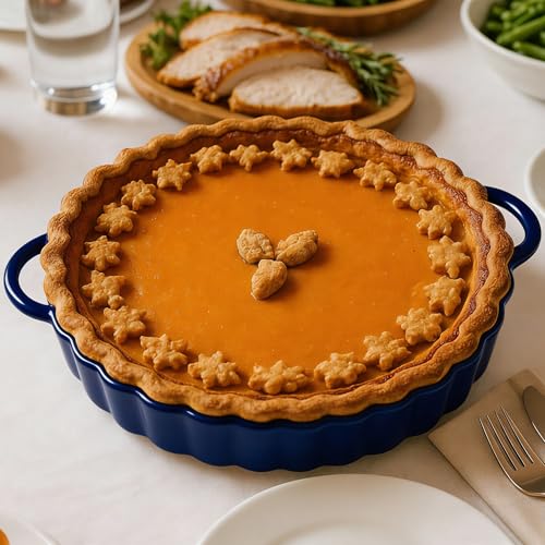 10×2in Deep Ceramic Pie Pan with Handles for Pie Quiche Tart Baking. Easy to grip