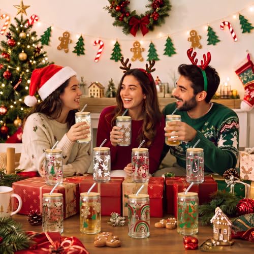 12 Sets Christmas Glass Cups Gifts 16 oz Cute Xmas Tree Gingerbread Cups Snowman Tumbler Winter Candy Canes Iced Coffee Cup with Lids and Straw for Women Coworkers Birthday Party Favors (12 Count)