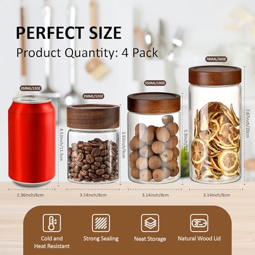 18 oz 550 ml Clear Glass Storage Canister with Airtight Wooden Lid (4 Count)