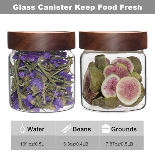16 oz Glass Jars with Acacia Wood Airtight Lids Spice Jar Herb Storage Canister with Wooden Lid Clear Glass Food Jar for Sugar Pantry Tea Coffee Bean Spice Cookies