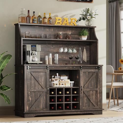 55" Farmhouse Coffee Bar Cabinet with 3 Tier Storage Hutch