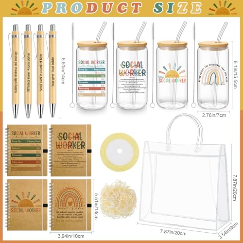12 Pcs 4 Sets Social Worker Appreciation Week Gift Bulk Included 16oz Glass Coffee Cup with A6 Spiral Notebook Journal Pen for Graduation Gift for Bsw Msw Dsw Women Coworker Office Supplies (4 Count)