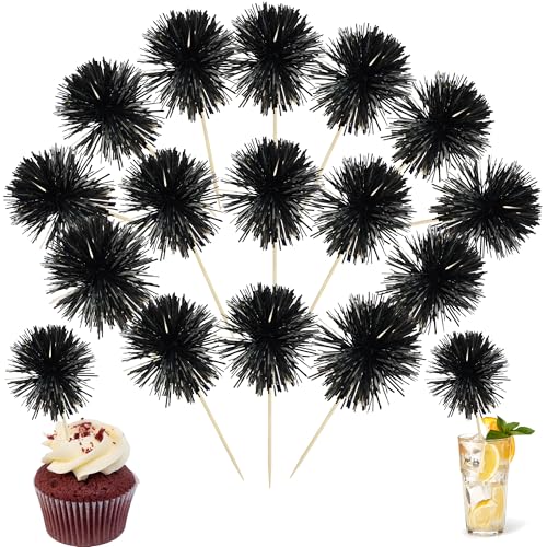 30Pcs Foil Firework Cupcake Toppers Sparkle Tinsel Cupcake Picks Happy Birthday Cake Decorations Drink Stirrers Cocktail Food Fruit Toothpicks for Baby Shower Graduation Party Supplies Black (30 Count)