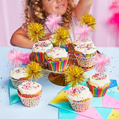 30Pcs Foil Firework Cupcake Toppers Sparkle Tinsel Cake Toppers Tinsel Drink Cake Decoration Cocktail Picks for Birthday Wedding Graduation Party Supplies Gold Pink (30 Count)