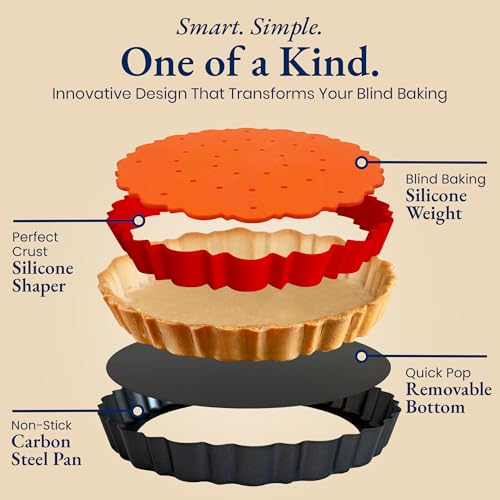 All-in-One Fluted Tart Pan 9 Inch Removable Bottom Set with Patented Silicone Crust Shaper & Pie Weight | Nonstick Carbon Steel Quiche Baking Dish & Tart Molds for Baking - PFOA & PTFE-Free