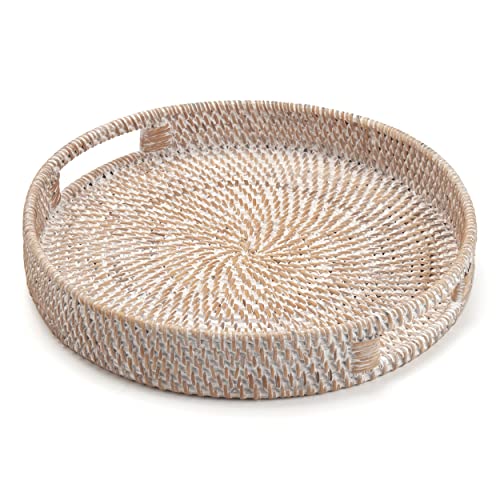 Round Rattan Serving Tray Decorative Woven Ottoman Trays with Handles for Coffee Table White