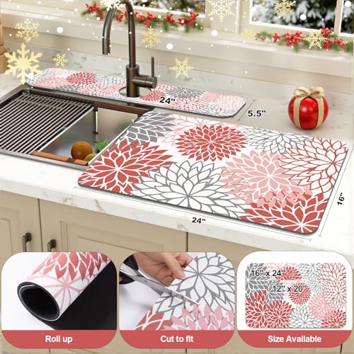 2PCS 16" x 24" Christmas Dish Drying Mat & 24" x 5.5" Sink Splash Guard (2 Count)