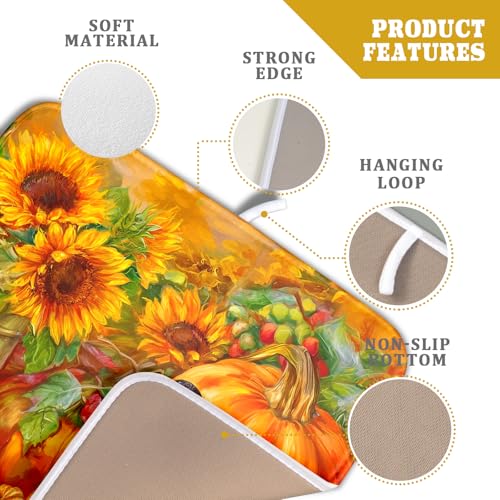 Vintage Fall Autumn Dish Drying Mat 16"x18" Small Rustic Pumpkin Sunflower Bird Dish Drainer Mats Thanksgiving Farmhouse Reversible Dish Drying Pad for Kitchen Countertop Dining Room