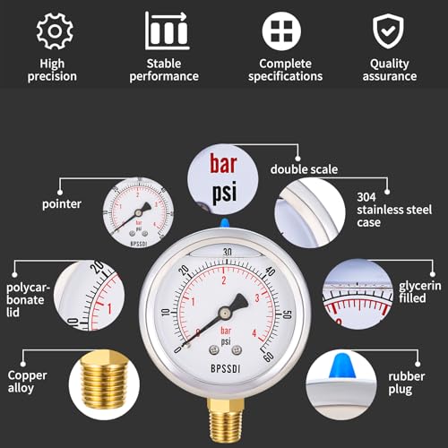 0 60 Psi Glycerin Liquid Filled Low Pressure Gauge