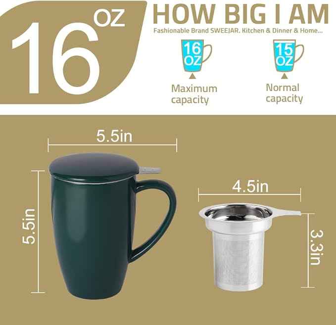 Sweejar Porcelain Tea Infuser Mug with Lid, 16 oz Teacup with Strainers for Loose Leaf Tea, Microwave and Dishwasher Safe Coffee Mug(Red)