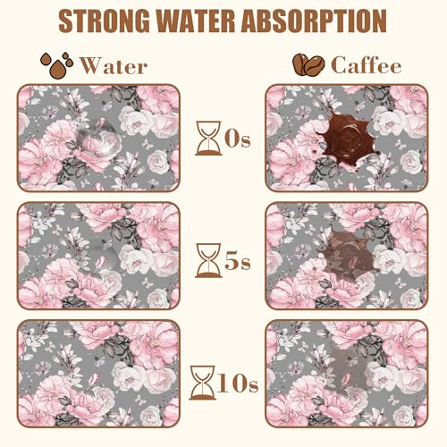Pink Flowers and Leaves Coffee Mat Absorbent Dish Drying Mat for Kitchen Counter Hide Stain Rubber Backed Coffee Bar Accessories Fit Under Espresso Machine Dish Drainer