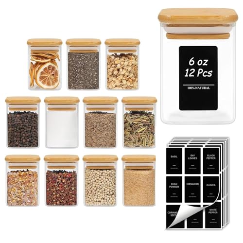 Square Glass Spice Jars with Labels 6 oz 12 Pack with Bamboo Lids (12 Count)