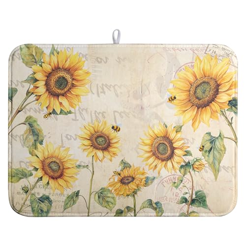 Spring Summer Dish Drying Mat Sunflower Kitchen Dish Drying Pad Absorbent Vintage Drying Mat for Countertops Dish Dryer Mat Microfiber Dishes Drainer Pad Dish Drying Rack Mat