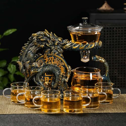 Glass Teapot Set with Infuser Semi Automatic Dragon Tea Set with 6 Small Cups (6 Count)