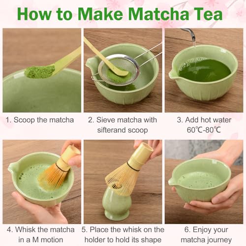 Matcha Whisk Set Ceramic Bowl Kit with Spout (7 Count)