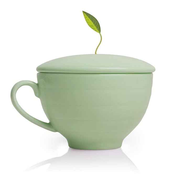 Tea Forte Fleur 3-Piece Premium Tea Gift Set with Pale Mint Green Cafe Cup with Lid, Tea Tray and 10 Assorted 2 of Each Variety Organic Handcrafted Pyramid Infuser Tea Bags