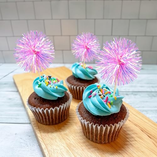 30Pcs Foil Firework Cupcake Toppers Party Birthday Cake Toppers Supplies Sparkle Tinsel Cocktail Fruit Toothpick for Birthday Wedding Graduation Party Rose Red (30 Count)