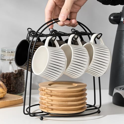 Ceramic Coffee Espresso Cups with Saucers Set with Metal Holder (7.6 Count)