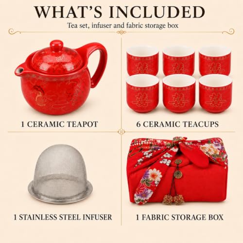 Chinese Tea Set Traditional Red Ceramic with Chinese Teapot and 6 Porcelain Teacups