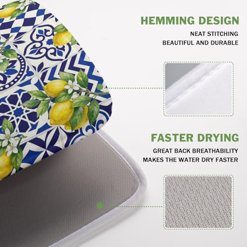 Lemon and Blue Tile Dish Drying Mat 16x18 Inch Absorbent Reversible Mexican Tilt Drying Mat Blue White Italy Lemons Dish Drying Rack Mat Summer Themed Dish Drainer Mat for Kitchen Counter Coffee Bar