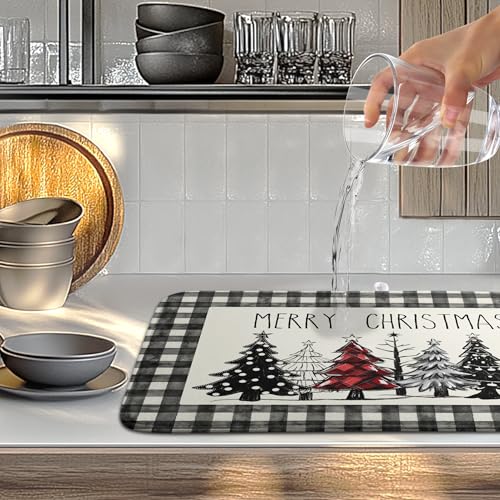 Merry Christmas Dish Drying Mat Buffalo Plaid Large Kitchen Mats Dish Drying Pad Xmas Christmas Tree Absorbent Dish Dryer Mat for Kitchen Countertops Microfiber Drainer Pad Dish Drying Mats