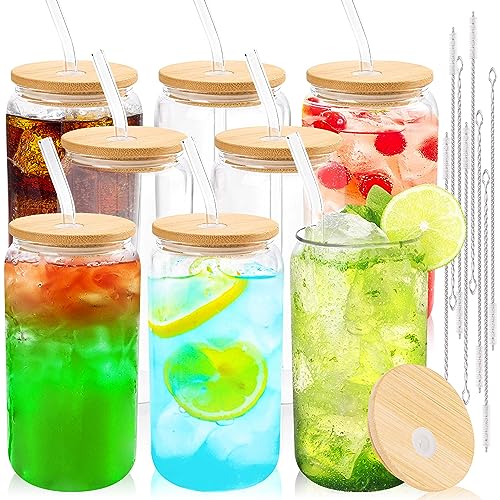 8pcs 16Oz Glass Cups with Bamboo Lids and Straws Drinking Glasses (8 Count)