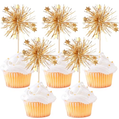30 PCS Foil Firework Cupcake Toppers Happy Birthday Cake Toppers Star Sparkle Tinsel Flower Drink Stirrers Cocktail Fruit Toothpicks for Valentine's Day Baby Shower Birthday Party Supplies Gold (30 Count)