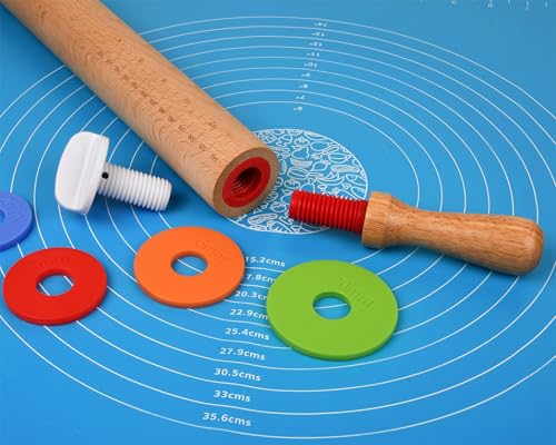 Rolling Pin with 4 Adjustable Thickness Rings and Long Handle 13.6 Inch Wooden Dough Roller for Baking