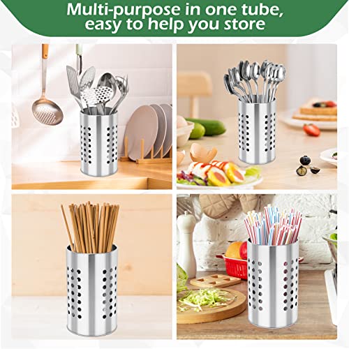 Stainless Steel Kitchen Utensil Holder Flatware Cylinder Silverware Draining Organizer Drying Rack with Round Drain Holes for Forks