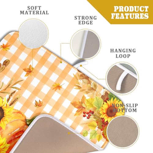 Autumn Maple Leaf Orange White Check Plaids Dish Drying Mat for Kitchen Counter