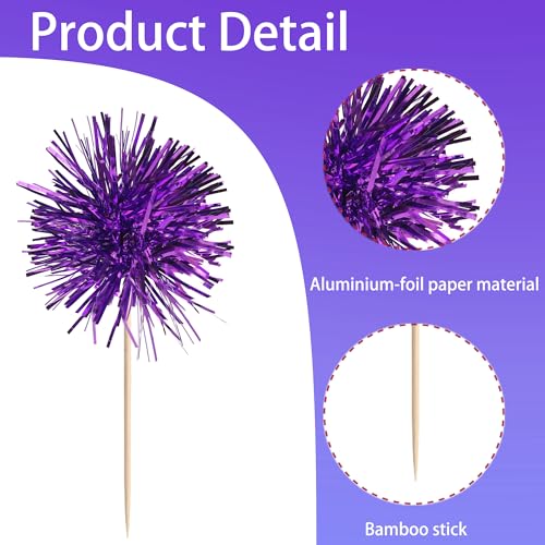 40 PCS Foil Firework Cupcake Toppers Fireworks Cupcake Picks Sparkle Tinsel Cake Decorations Cocktail Fruit Toothpick for Firework Theme Birthday Wedding Graduation Party Decorations Supplies Purple (40 Count)
