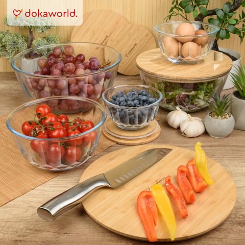 Large Stackable Glass Mixing Bowls with Bamboo Lids Set of 5