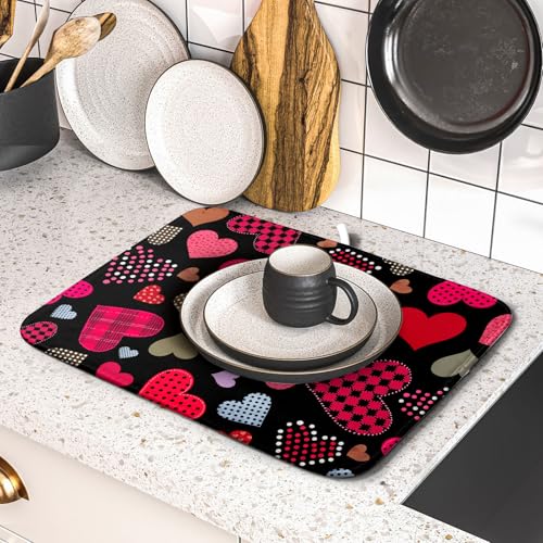 Happy Valentine's Day Black Dish Drying Mat for Kitchen Counter