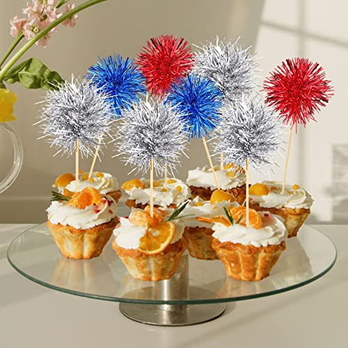 100 Pcs 4th of July Foil Firework Cupcake Toppers Sparkle Tinsel Cake Toppers Cake Decoration Cocktail Fruit Toothpick for Birthday Wedding Graduation Party