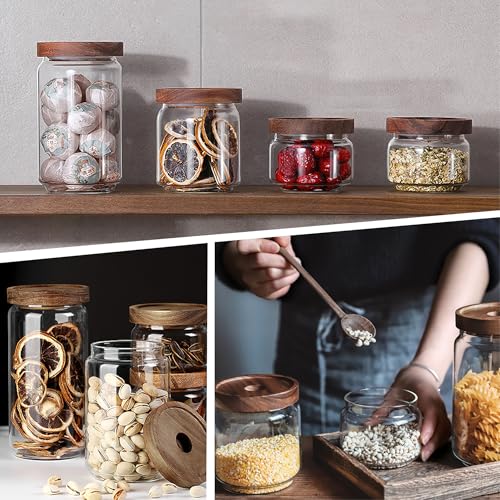 960ML 32Oz Clear Cute Glass Storage Canister Holder with Stackable Airtight Wood Lid