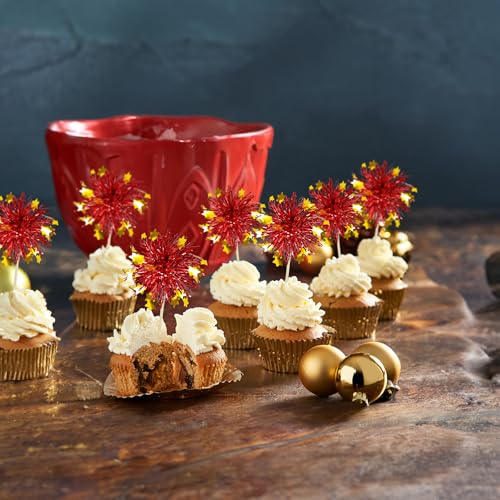 30Pcs Foil Firework Cupcake Toppers Party Birthday Cake Toppers Supplies Sparkle Tinsel Cocktail Fruit Toothpick for Birthday Wedding Graduation Party Red (30 Count)