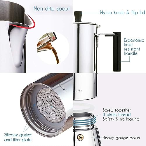 Pedro Stovetop Espresso Maker 6Cup 300ml Stainless Steel Italian Coffee Machine Maker Moka Pot Induction Espresso Pot (300 milliliters Count)