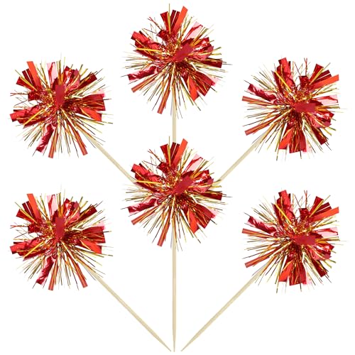 30Pcs Foil Firework Cupcake Toppers Sparkle Tinsel Cake Toppers Tinsel Drink Cake Decoration Cocktail Picks for Birthday Wedding Graduation Party Supplies Gold Red (30 Count)