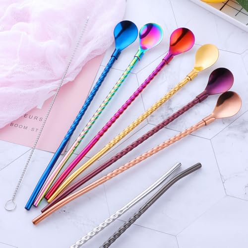 10 pcs Metal Straw Spoons with 2 Cleaning Brushes